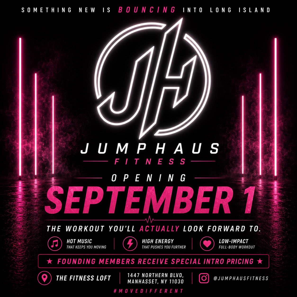 JumpHaus Fitness opening announcement flyer with neon pink lights