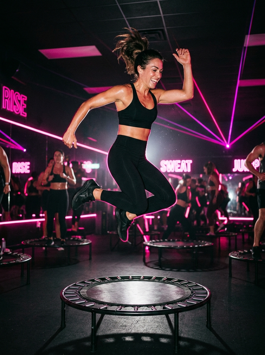 Instructor mid-jump above a rebounder with pink lasers