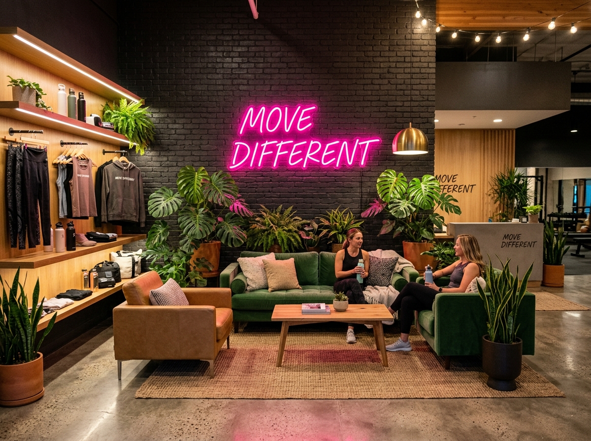 Studio lounge with a pink neon Move Different sign