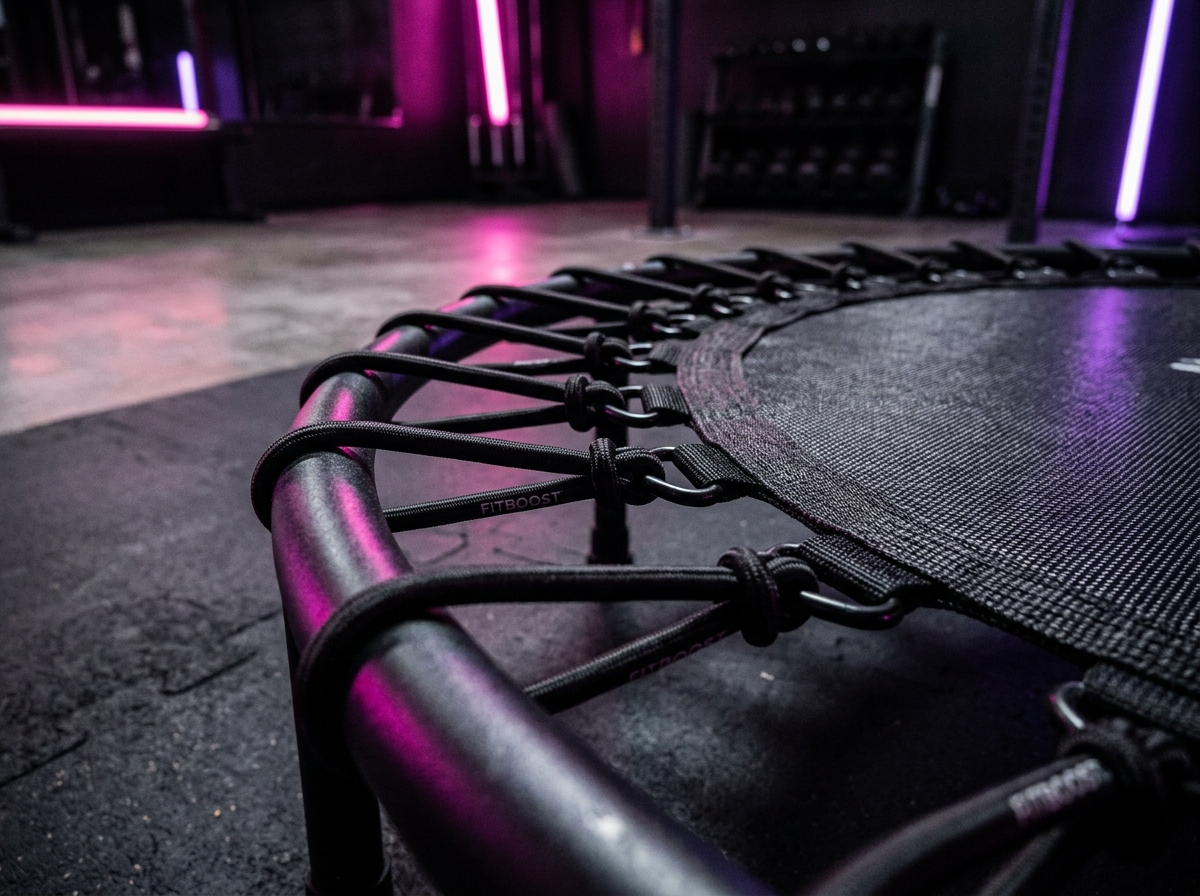 Close-up of a rebounder frame and bungee cords