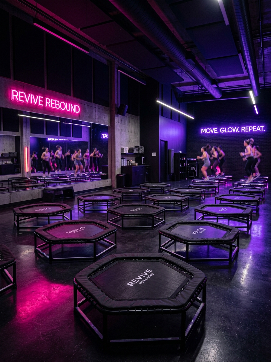 JumpHaus rebound studio with rows of trampolines and neon lighting